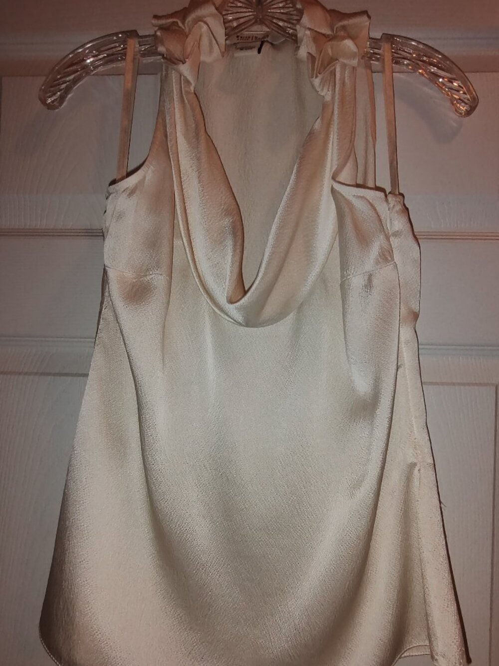 WHBM 100% SILK SLVLS BLOUSE COWL DRAPE NECK WITH BACK RUFFLE SIDE ZIP IVORY XS